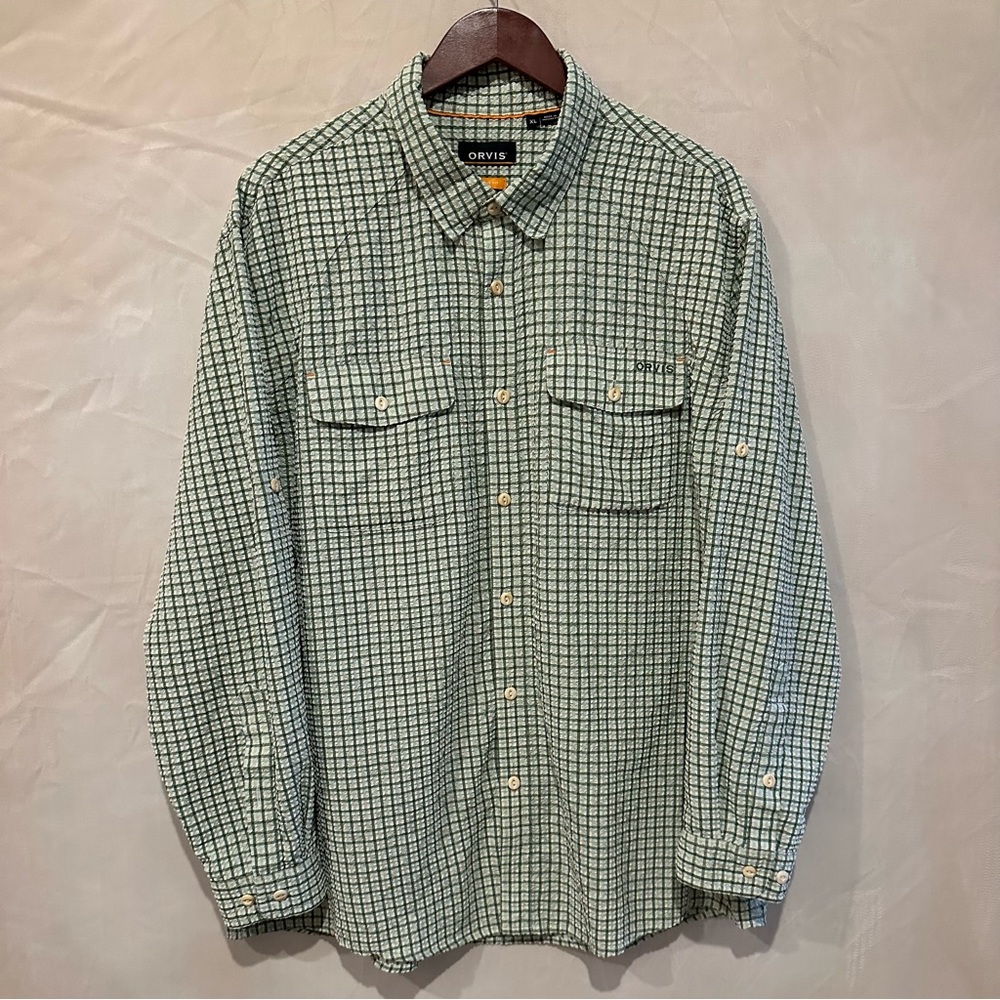 Orvis River Guide Shirt Men’s XL Gingham Green and White